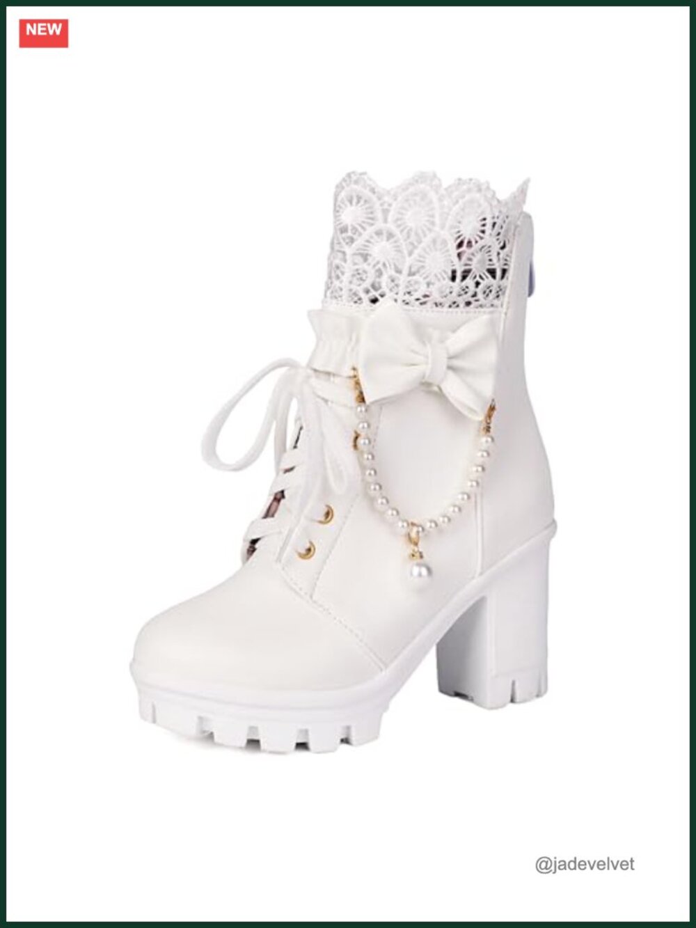 Faux Leather Lace-up Platform Ankle Boots Pearl Chain Goth